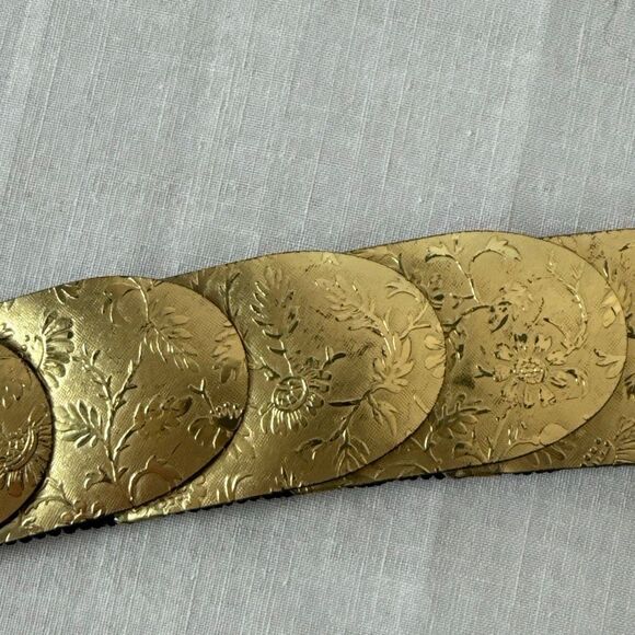 Vintage Embossed Brass Coin Belt – Floral Etched Metal with Elastic Back - Picture 5 of 16